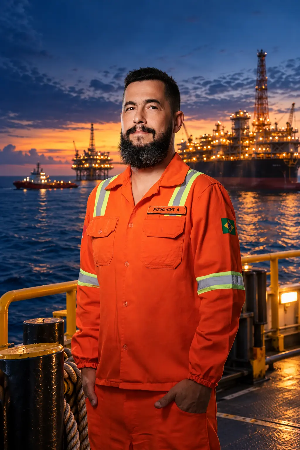 Ronni Rocha Nunes em uniforme profissional, a bordo, com operação offshore ao fundo